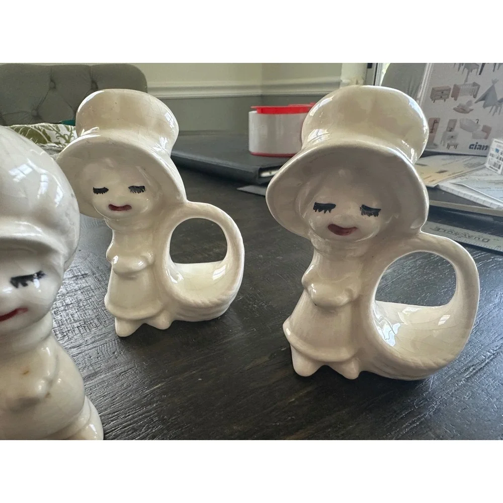 Vintage White Ceramic Sunbonnet Sue Girl Napkin Rings Set of 4 Mid Century Decor